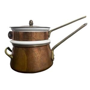 Vintage Copper Brass and Porcelain Double Boiler Pot with Lid - Made in Portugal